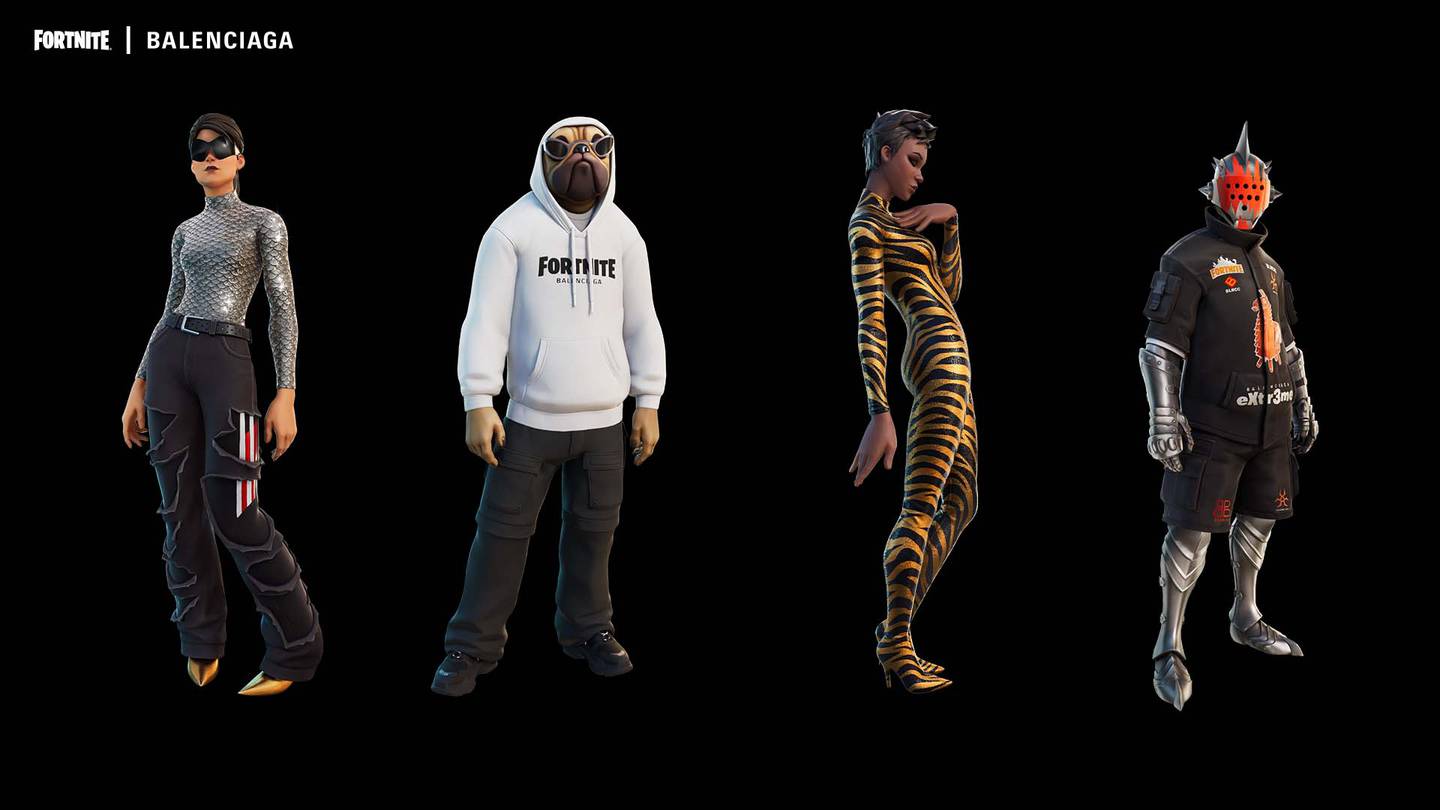 The characters wear Balenciaga items such as a tiger print unitard, a Fortnite x Balenciaga hoodie, and torn baggy pants with a silver top.