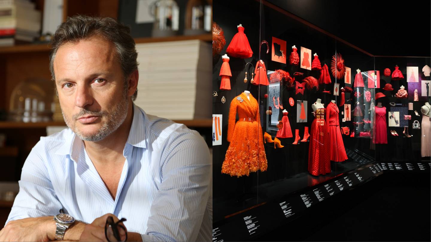 Deputy manager of Dior Olivier Biabolos (left). "Christian Dior: Designer of Dreams" exhibition (right).