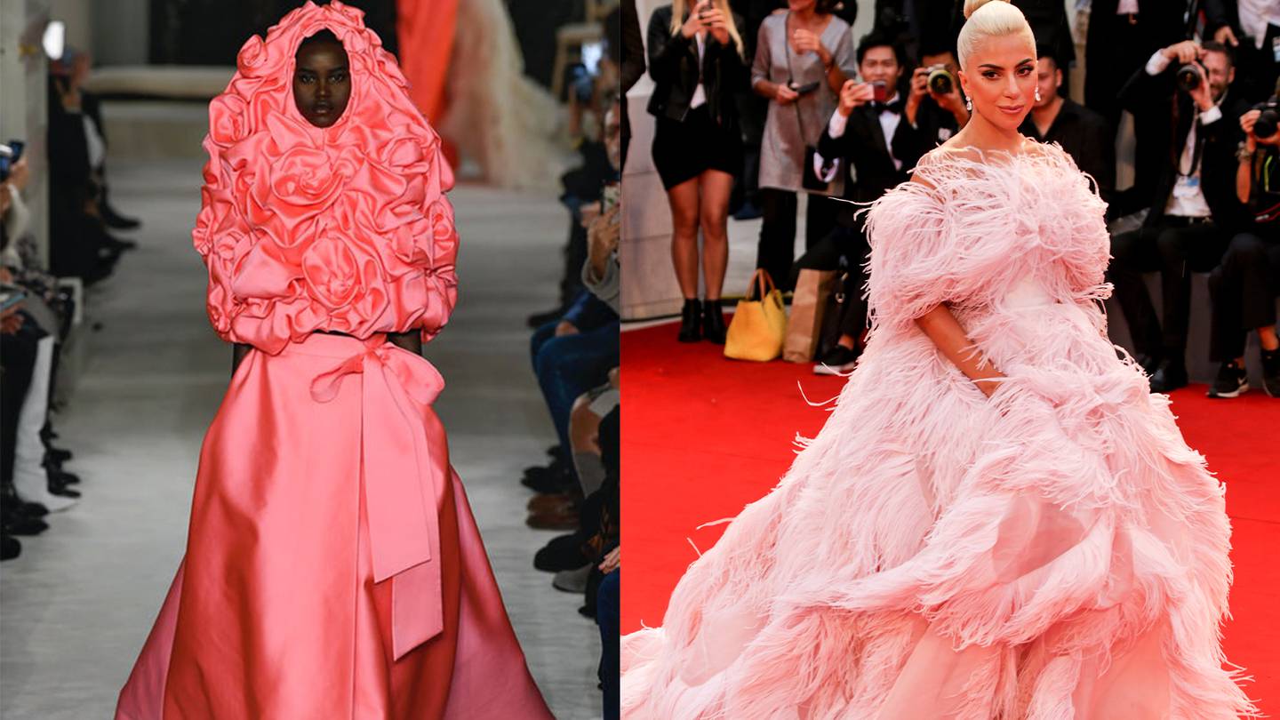 Adut Akech in Valentino Spring 2019 Couture, Lady Gaga wearing Valentino Fall 2018 Couture. Getty Images.
