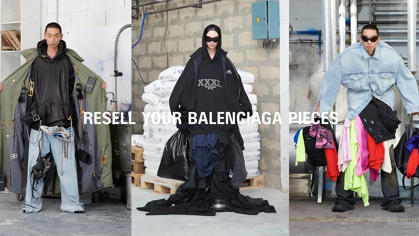 Three models pose in Balenciaga products with the text "resell your Balenciaga pieces" superimposed over the images.
