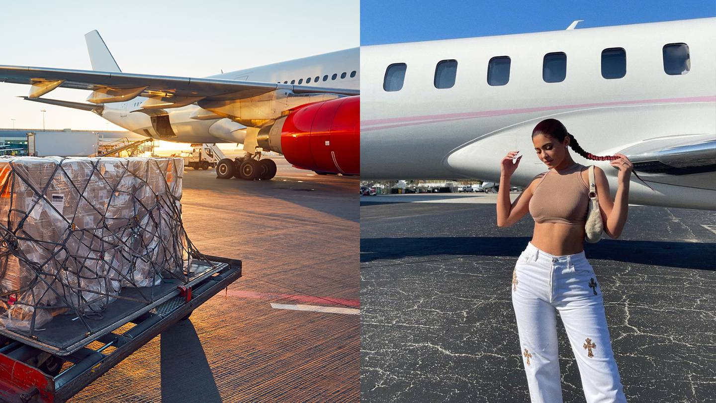 A picture of bales of cargo waiting to be loaded onto an airplane is positioned next to an image of Kylie Jenner standing in front of a private jet.