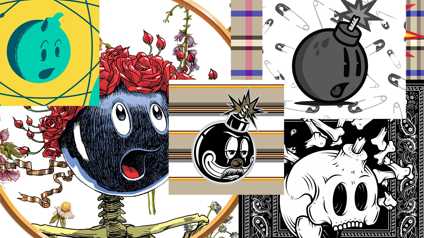 A collage shows an array of cartoon bombs.