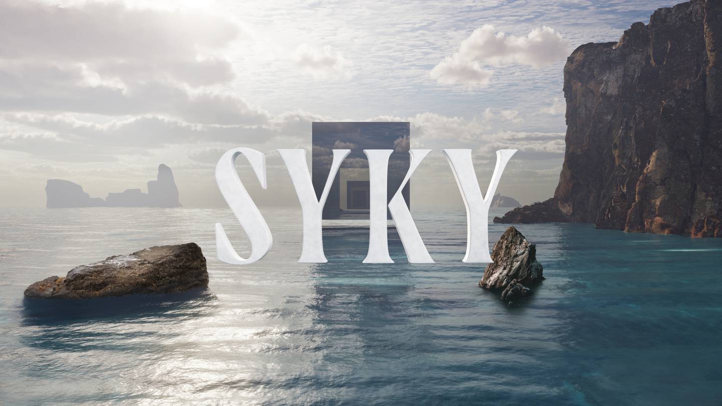 A digital image shows what looks like a portal in the sky over the Mediterranean Sea with SYKY written over top of it.