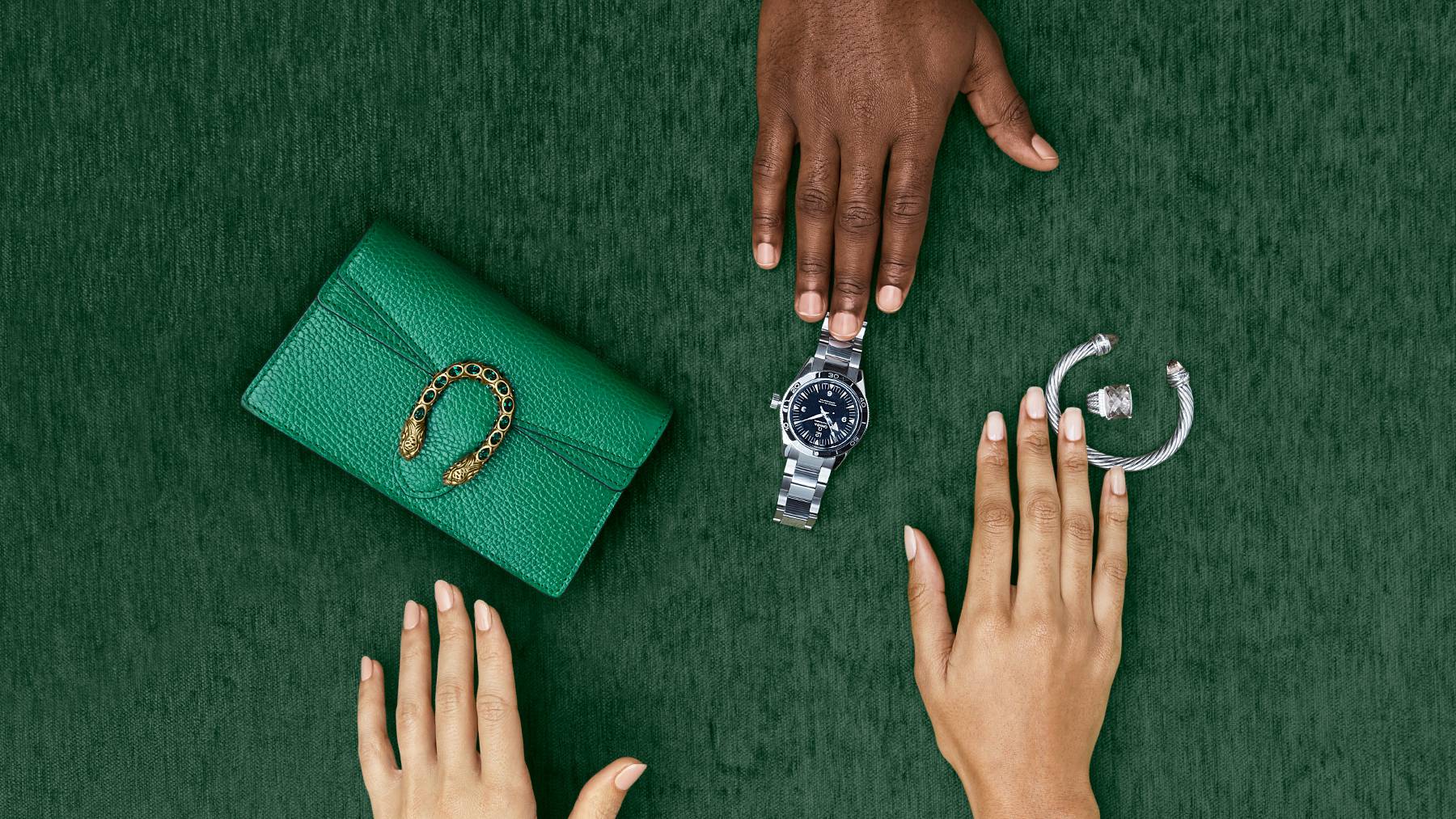 Luxury resale items on a green background including a bag, watch and jewellery.