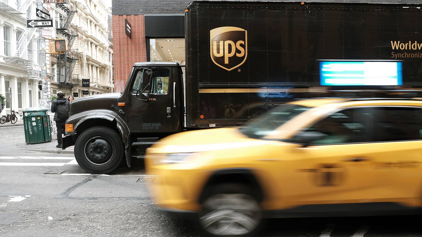 A United Parcel Service (UPS) truck delivers boxes in Manhattan.