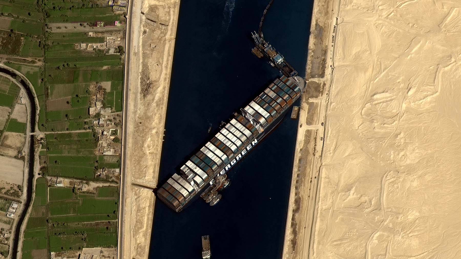 Ever Given blocking the Suez Canal. Ariel shot