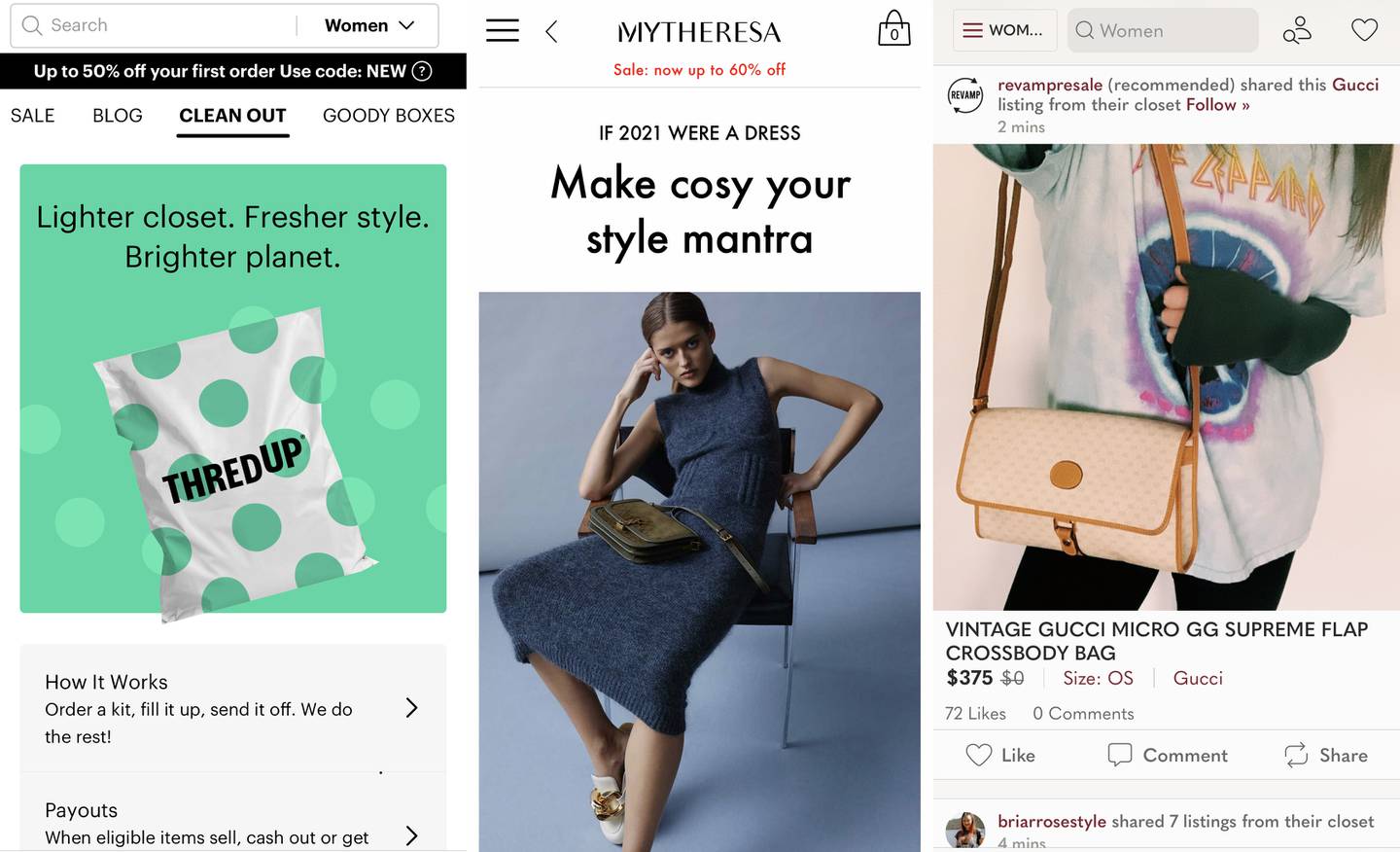 Mobile apps for ThredUp, MyTheresa and Poshmark, from left.
