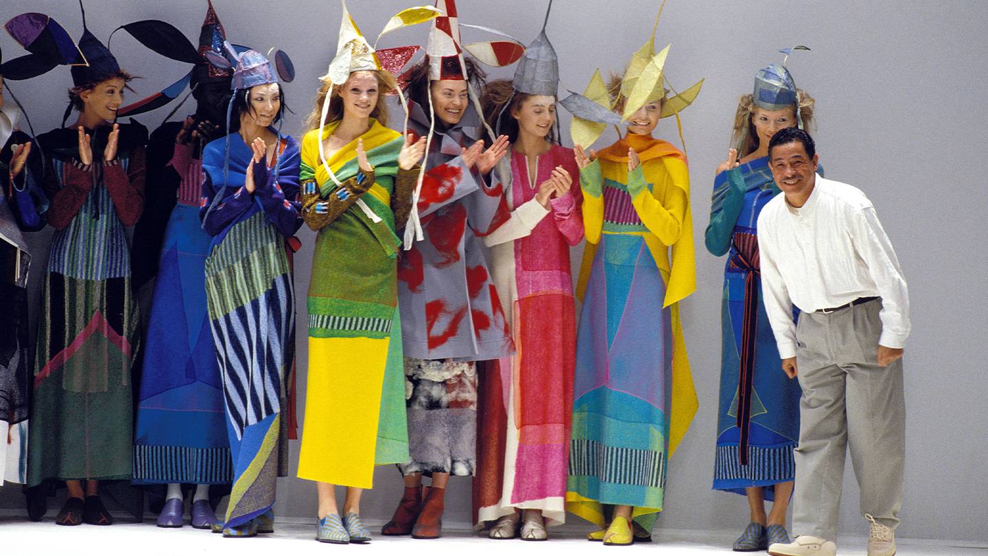 Issey Miyake at the finale of his Fall/Winter 1997 show in Paris.