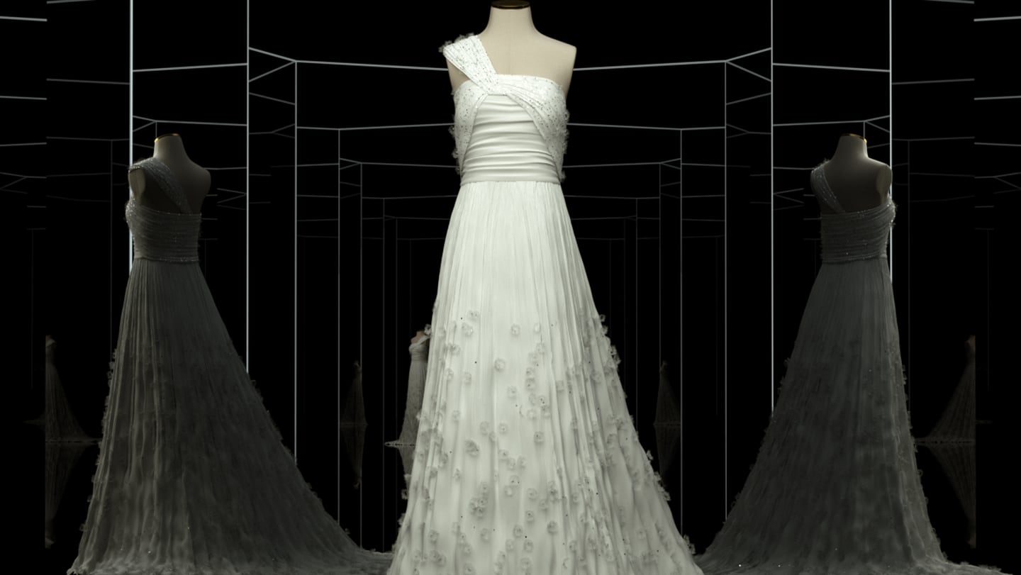 White chiffon gown with grey lace appliqué displayed in a black case.