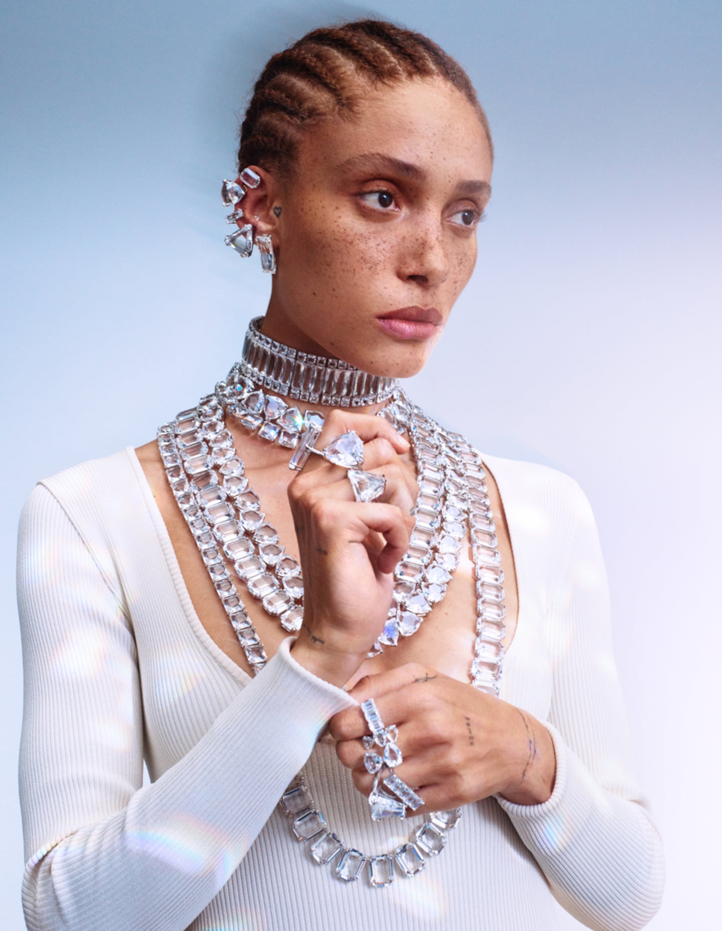 Adwoah Aboah models crystal jewellery designed by Giovanna Battaglia Engelbert for Swarovski.