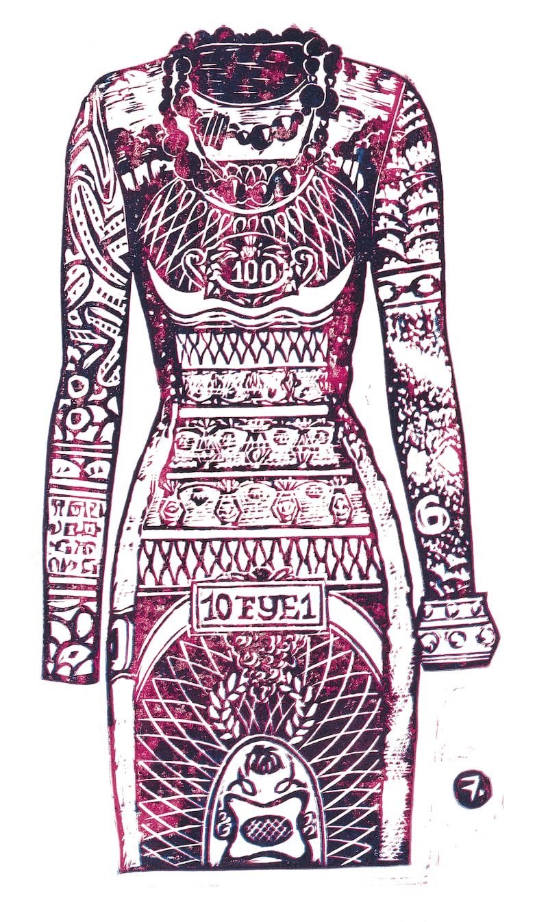 Tattoo Dress (Jean Paul Gaultier), Linocut print, Publication Unknown (1994)