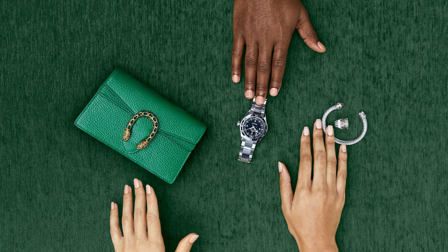 Luxury resale items on a green background including a bag, watch and jewellery.