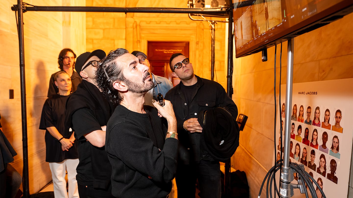 Marc Jacobs backstage at his first runway show since LVMH announced the sale of his namesake brand to WHP Global.
