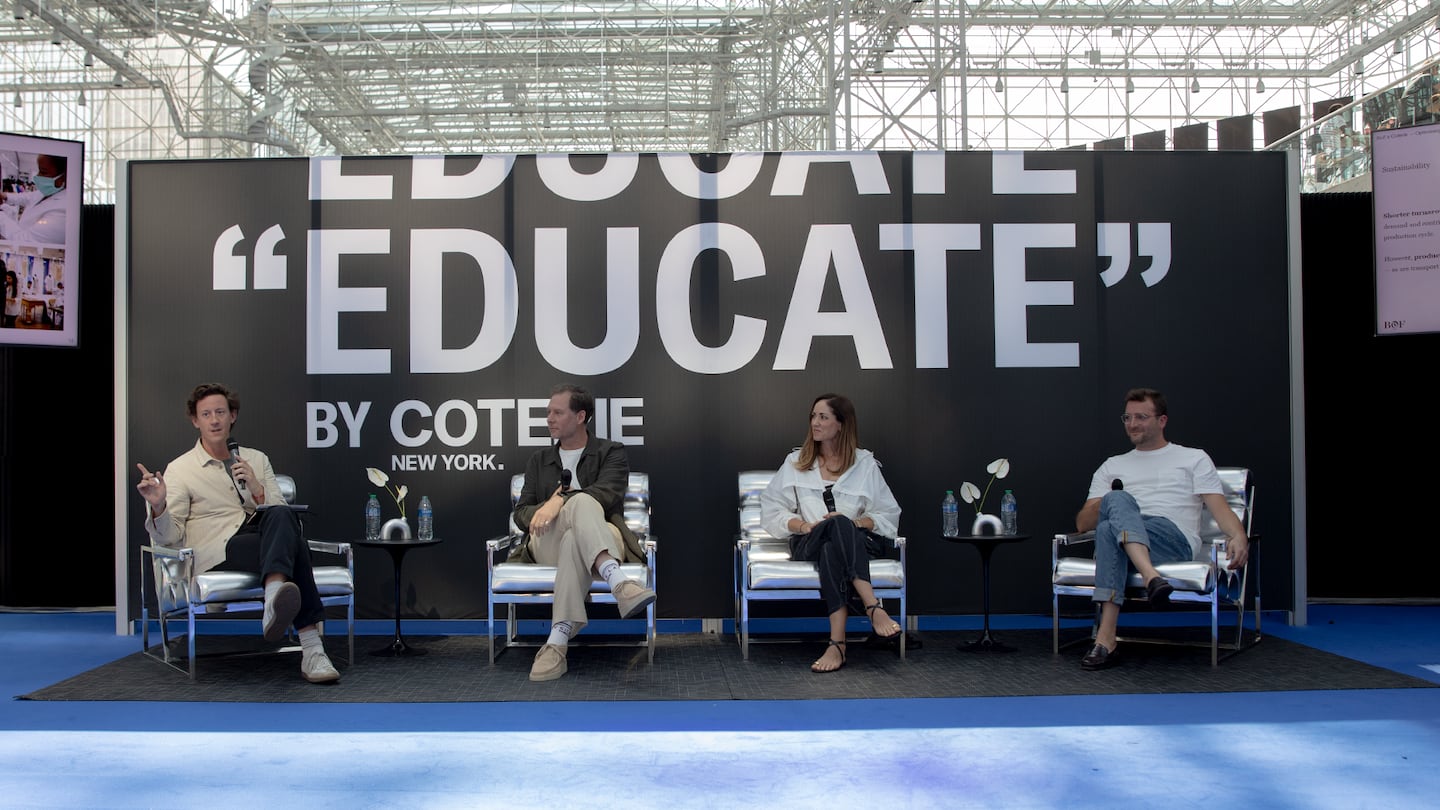 A panel of 4 speakers sits on the "Educate" stage at Coterie. From left: BoF's Robin Mellery-Pratt; Silk Laundry CEO Reece Rackley; Magnlens design director Kate Linstrom; HNST co-founder and CEO, Lander Desmedt.
