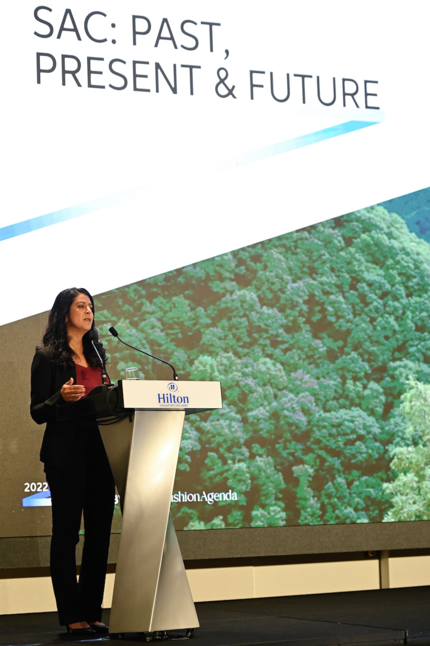 Former Sustainable Apparel Coalition CEO Amina Razvi speaks at the organisation's annual meeting in Singapore in 2022.