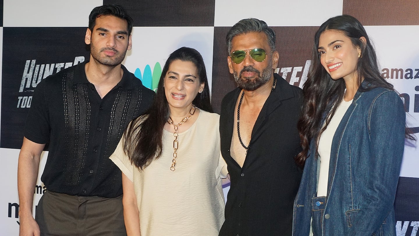 Bollywood celebrities Ahan Shetty, Mana Shetty, Suniel Shetty and Athiya Shetty attend an Amazon MiniTV movie screening in March 2023 in Mumbai, India.