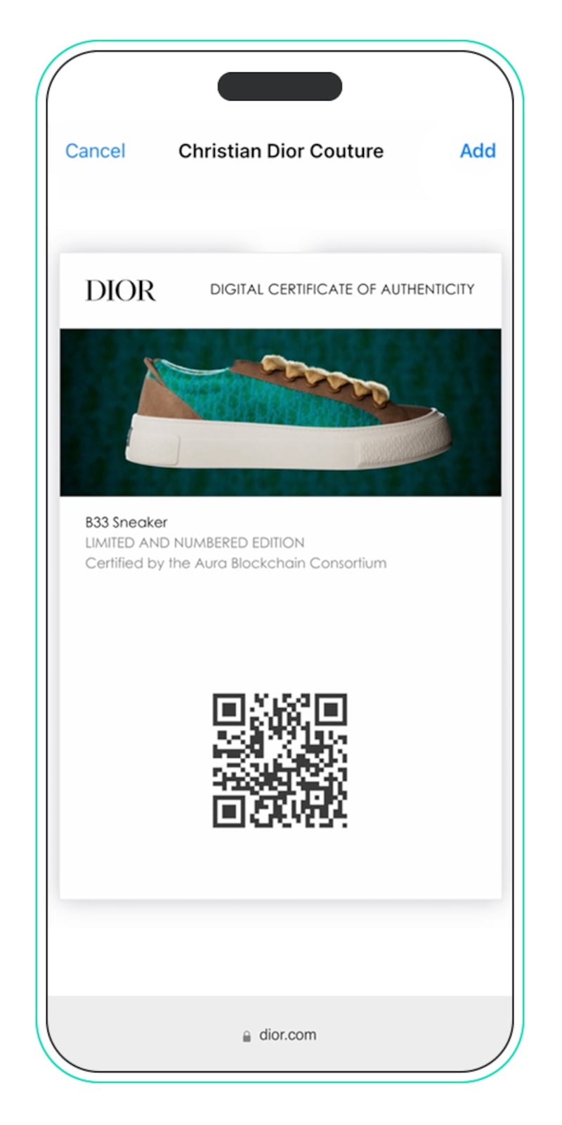 A picture of Dior's B33 sneaker appears in a phone interface featuring a QR code.