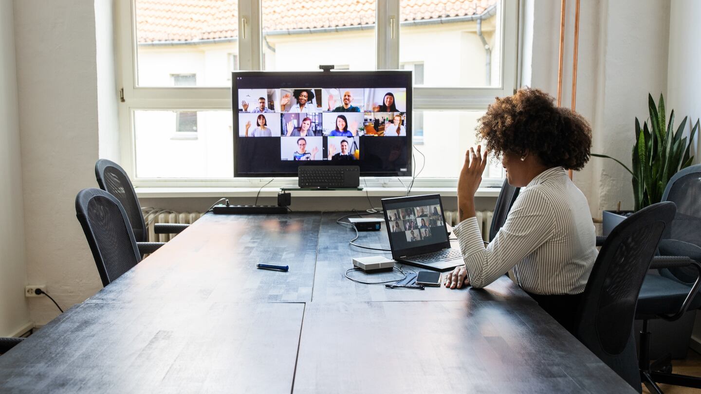 A team meeting over a video conference call.
