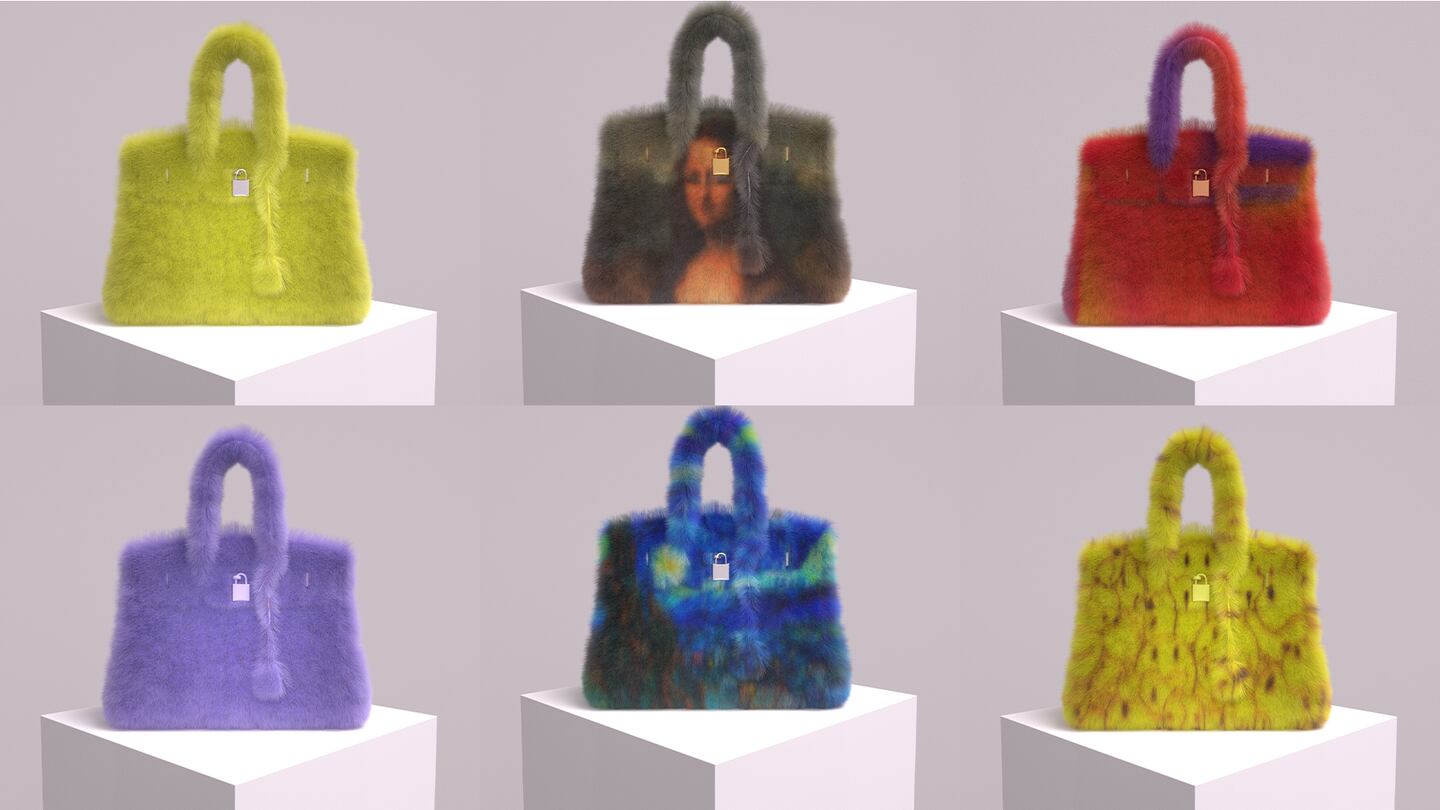 Six MetaBirkins, which are colourful and fuzzy digital versions of Birkin bags, some including artworks like the Mona Lisa or The Starry Night, sit on virtual podiums.