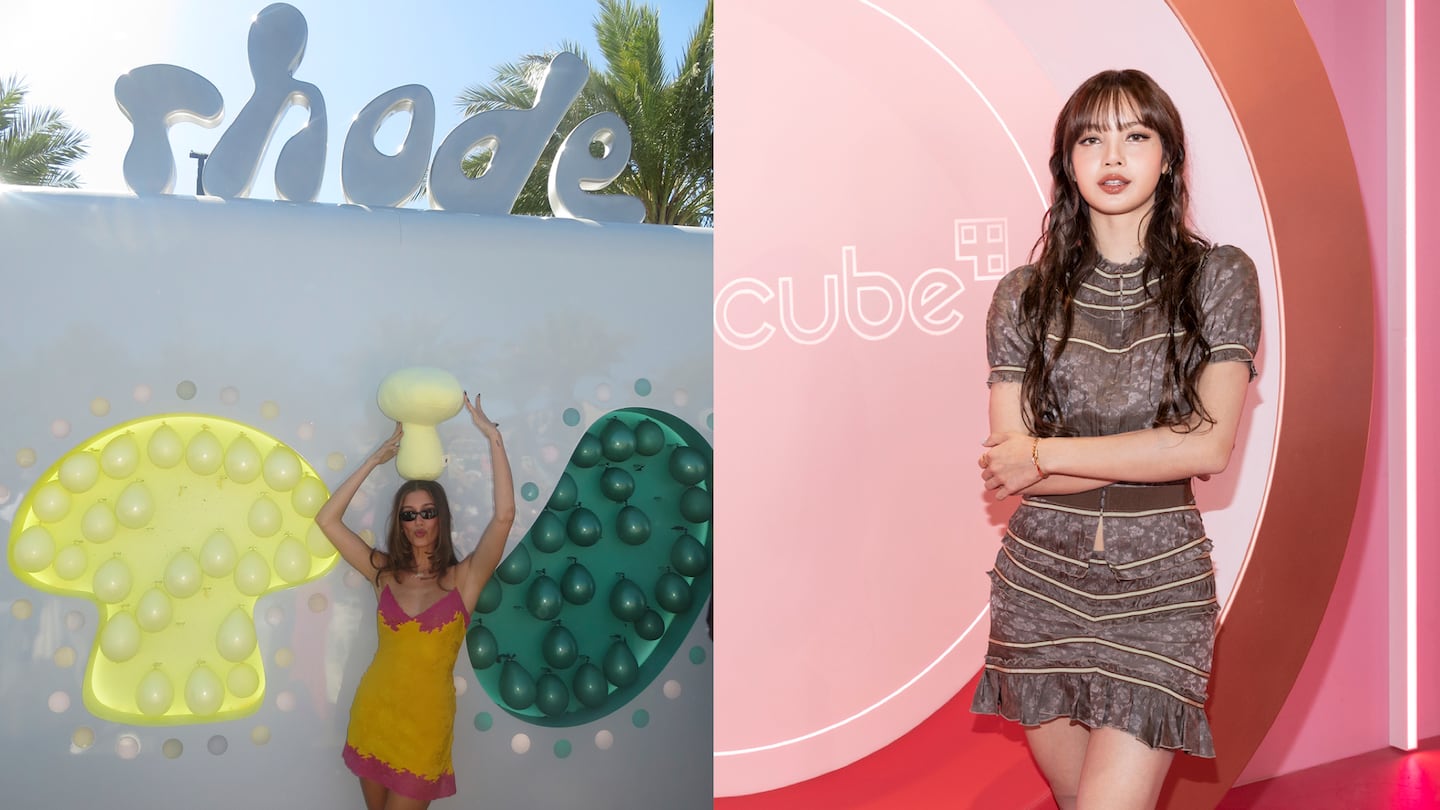 Hailey Bieber at her beauty brand Rhode's independent festival that took place in Indio, California during Coachella weekend (L); K-pop star Lisa visiting Medicube's booth on the grounds of the Coachella Valley Music and Arts Festival (R).