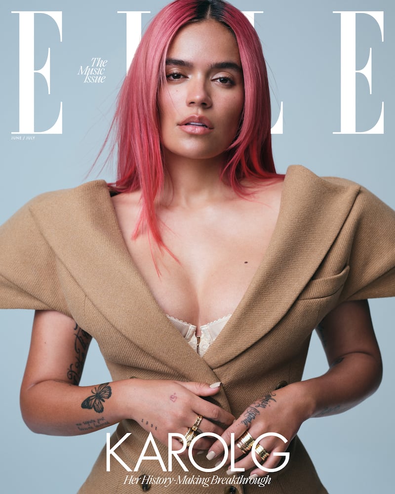 Karol G appeared on the cover of the June/July 2023 issue of the US edition of Elle magazine, photographed by Zoey Grossman.