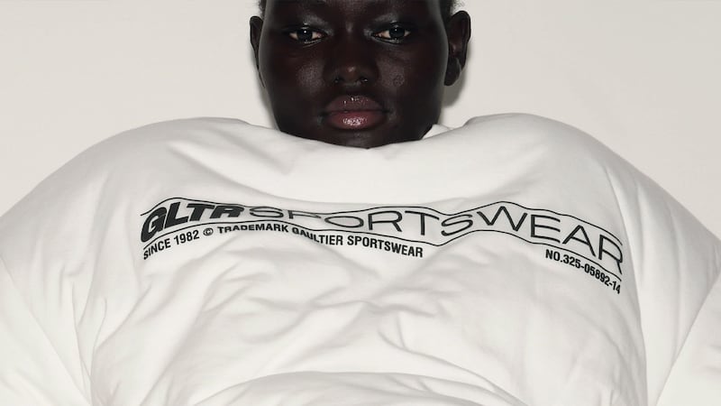 The logos of imagined streetwear concepts like "GLTR Sportswear" feature in Shayne Oliver's collaboration with Jean Paul Gaultier.