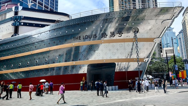 Louis Vuitton (LV) unveils its monumental ship-shaped structure, a new conceptual landmark, at Taikoo Hui Wujiang junction on June 25, 2025 in Shanghai, China.