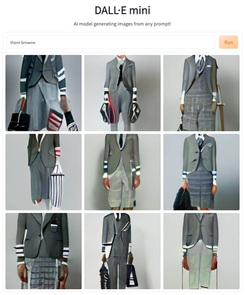 Shrunken grey sport jackets embellished with stripes are Dall-E Mini's idea of Thom Browne.