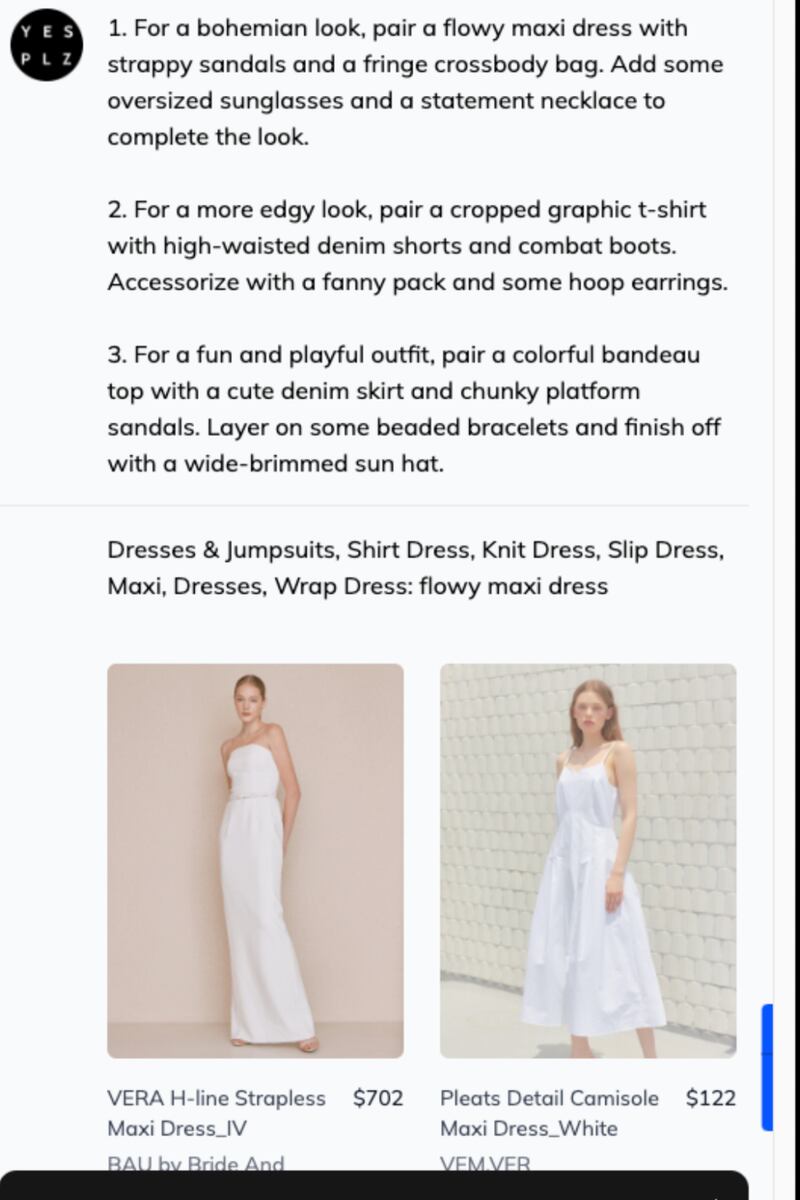The ChatGPT Fashion Stylist offers three suggestions in text for a Coachella look, including a flowy maxi dress with strappy sandals, a cropped t-shirt with denim shorts and combat boots, and a colourful bandeau top with a denim skirt and platform sandals.