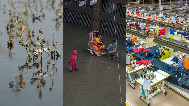 Left to right: flooding affects a cotton field in Pakistan; waterlogged streets in Dhaka, Bangladesh following Cyclone Sitrang; women working in a garment factory in Bangladesh