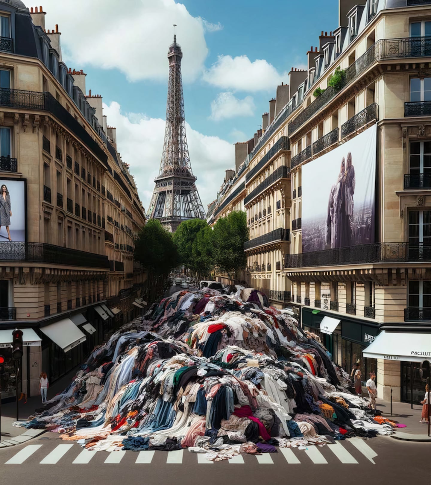 A pile of old clothes is stacked high on an avenue leading up to the Eiffel Tower in Paris.