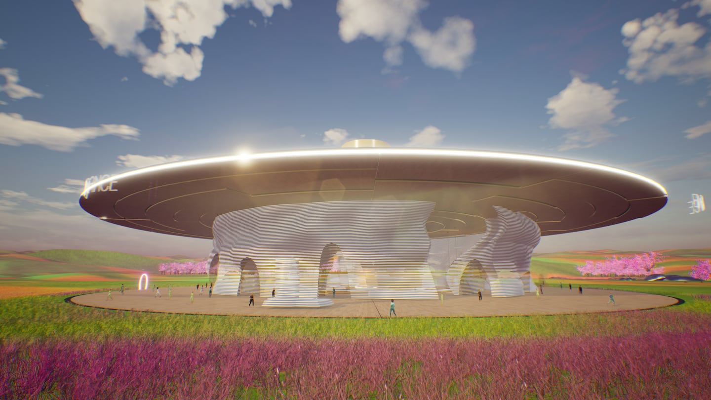 A 3D image shows a futuristic building with a large circular roof standing in a field of digital flowers.