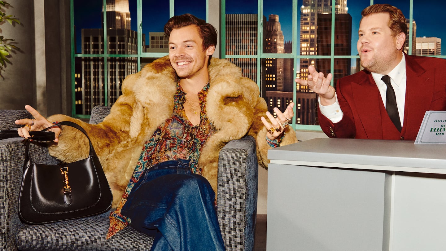 In a spoof version of James Corden's late night television show, Corden's friend and Gucci ambassador Harry Styles appears carrying one of the brand's classic styles. Harmony Korine for Gucci.