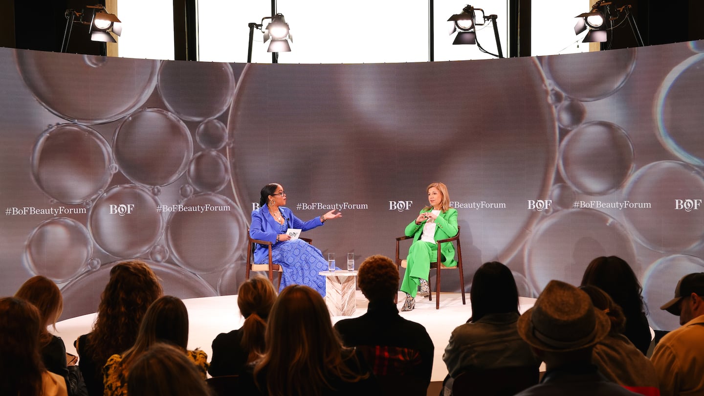 Unilever Prestige CEO Vasiliki Petrou on stage with BoF's Sheena Butler-Young at The Business of Beauty Global Forum