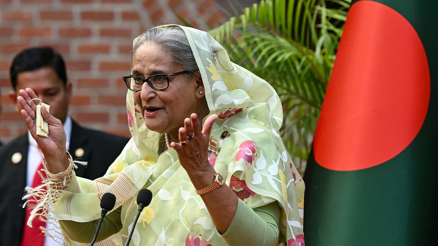 Bangladesh's Prime Minister Sheikh Hasina speaking to the media, a day after she won the 12th parliamentary elections, in Dhaka on January 8, 2024.