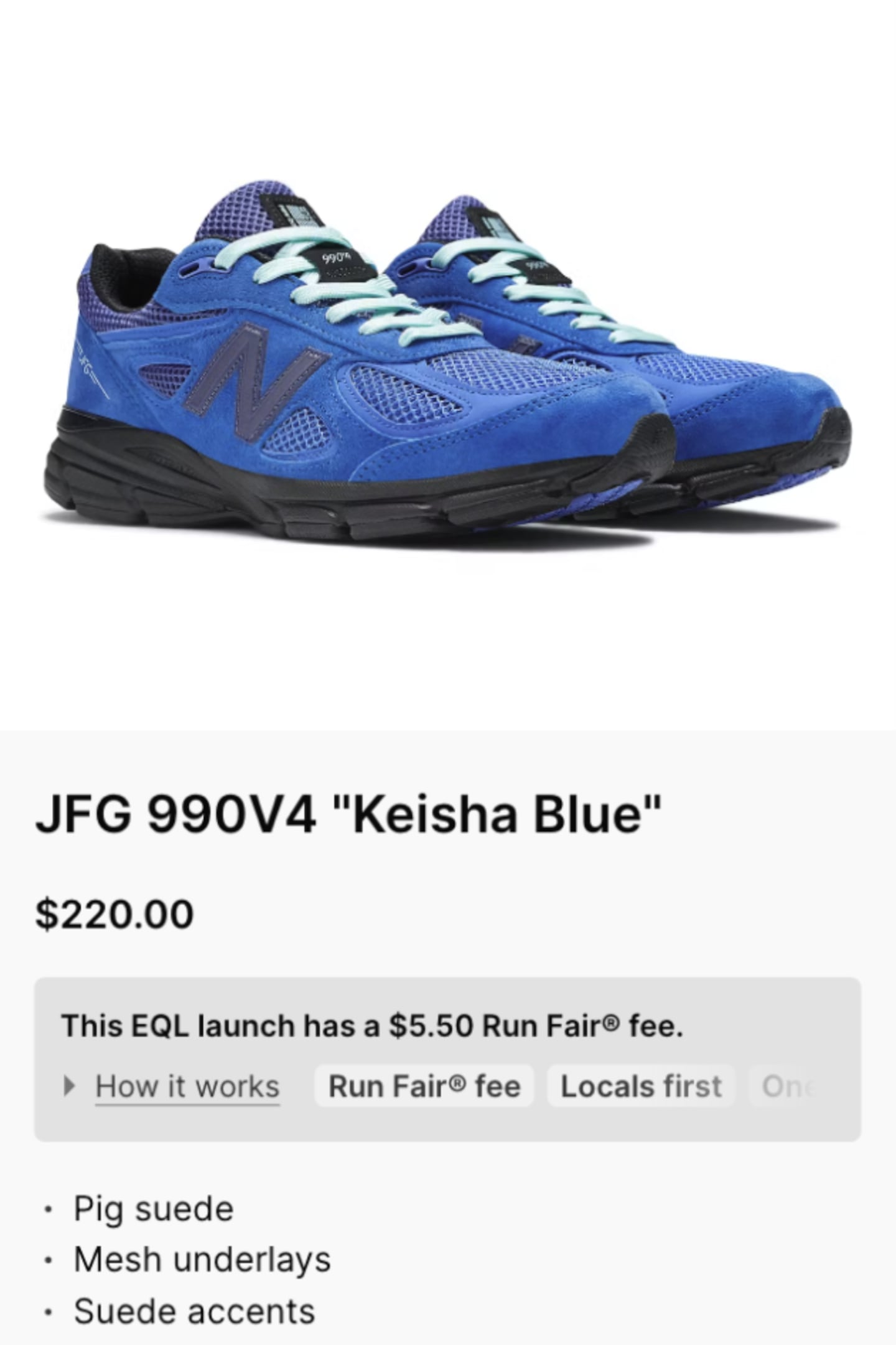 The EQL launch page for the Joe Freshgoods x New Balance "Keisha Blue"
