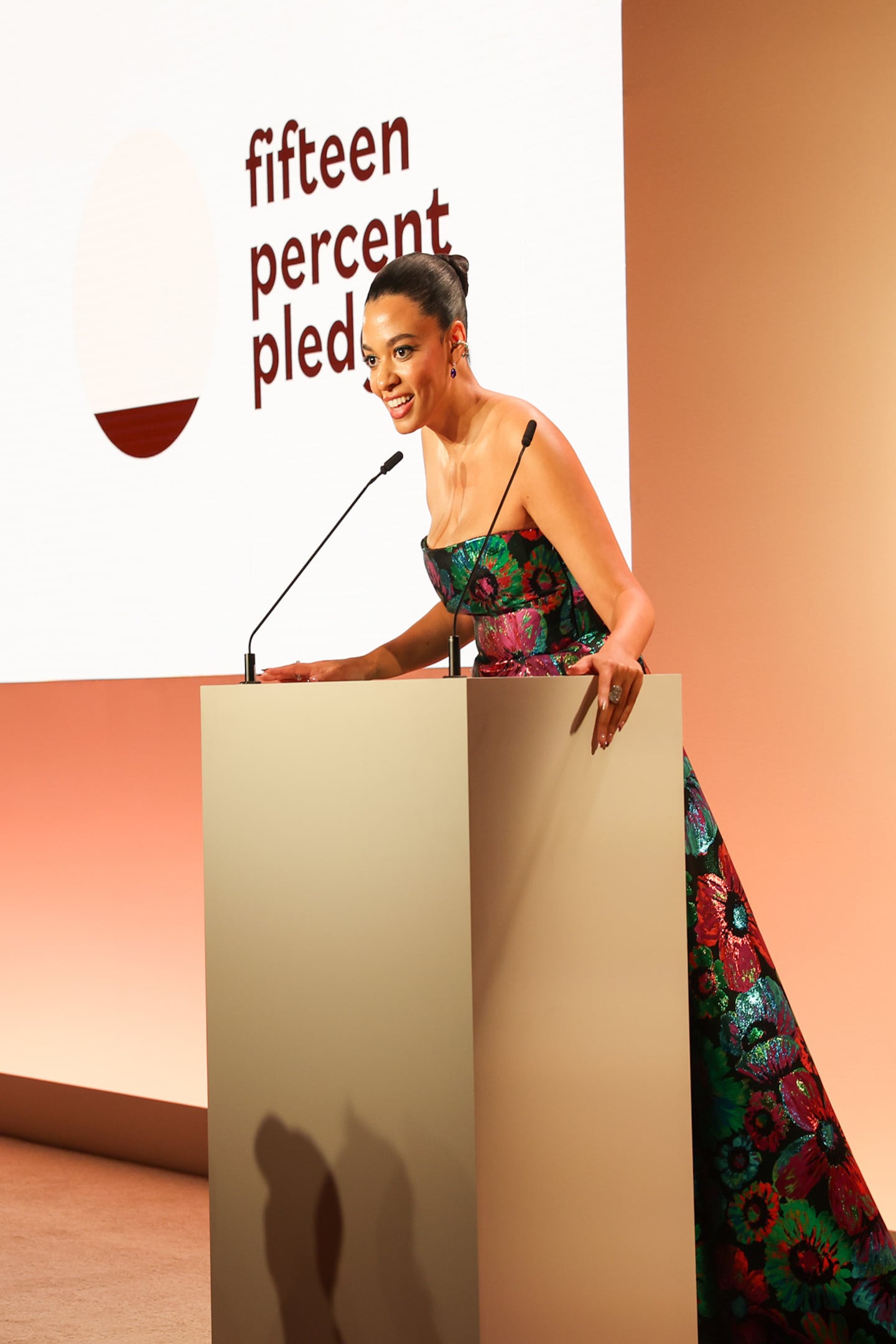 Designer and entrepreneur Aurora James speaks at the 2023 Fifteen Percent Pledge gala in New York.