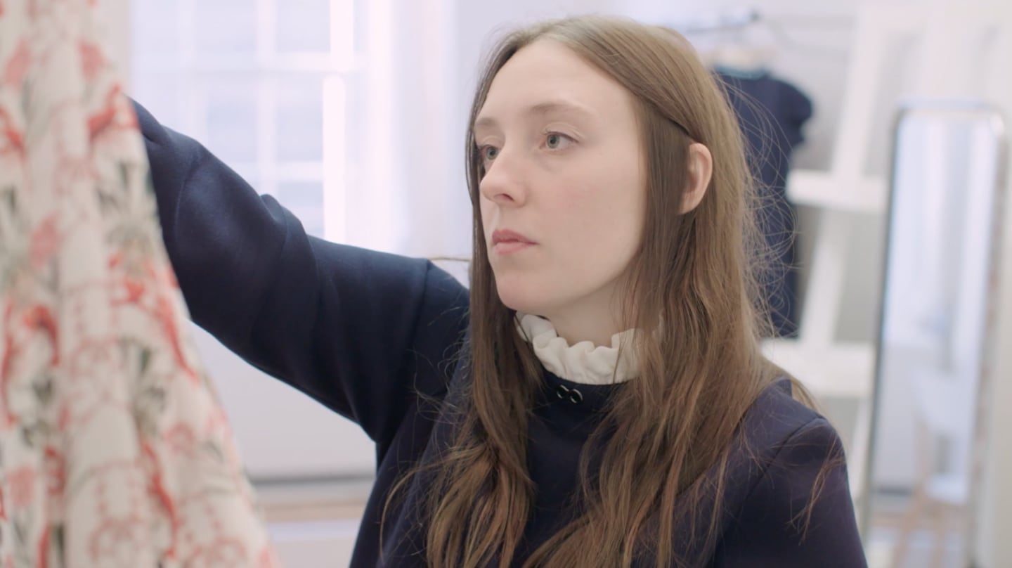 Mother of Pearl Creative Director Amy Powney prepares to present her No Frills collection in a still from ‘Fashion Reimagined’, a new documentary that charts her efforts to make it using a responsible supply chain.