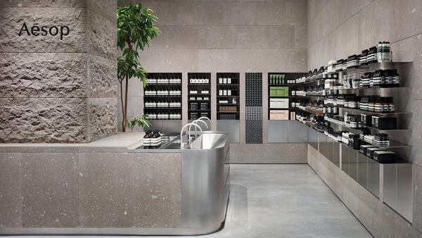 Interior of an Aesop store, with silver surfaces and a concrete floor. Aesop products line the walls, a tree is featured in the background and three sinks face the shelves of products.