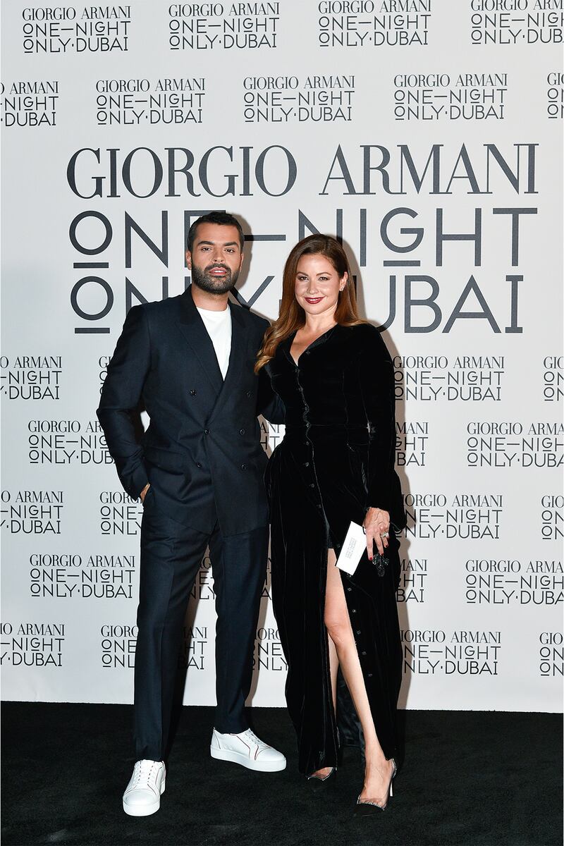 Cedric Haddad and Raya Abirached attended Giorgio Armani's "One Night Only Dubai" fashion show at the Armani Hotel Dubai on October 26, 2021 in Dubai, United Arab Emirates. Getty Images.