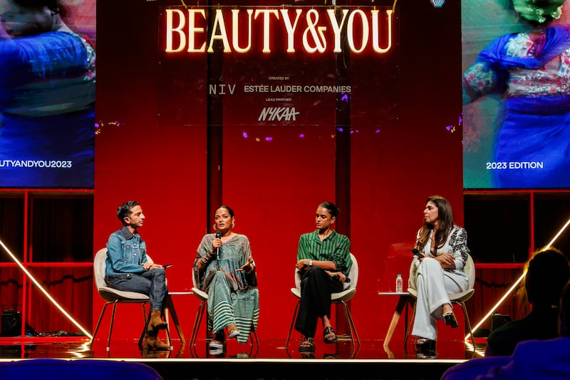 BoF's Imran Amed on stage with Bandana Tewari, lifestyle journalist, sustainability activist and former Vogue India fashion features editor, model Lakshmi Menon and Anaita Shroff Adajania, founder of Style Cell.