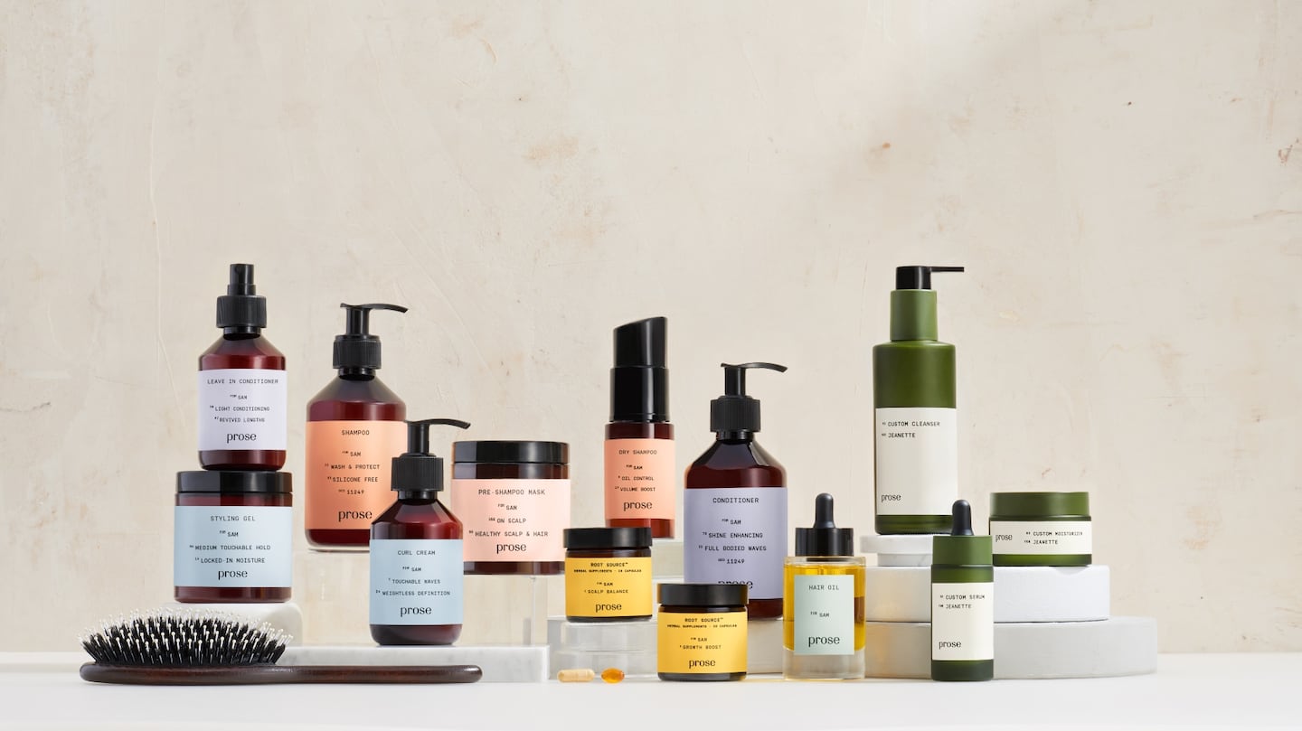 A shot of Prose's hair care and skincare products.