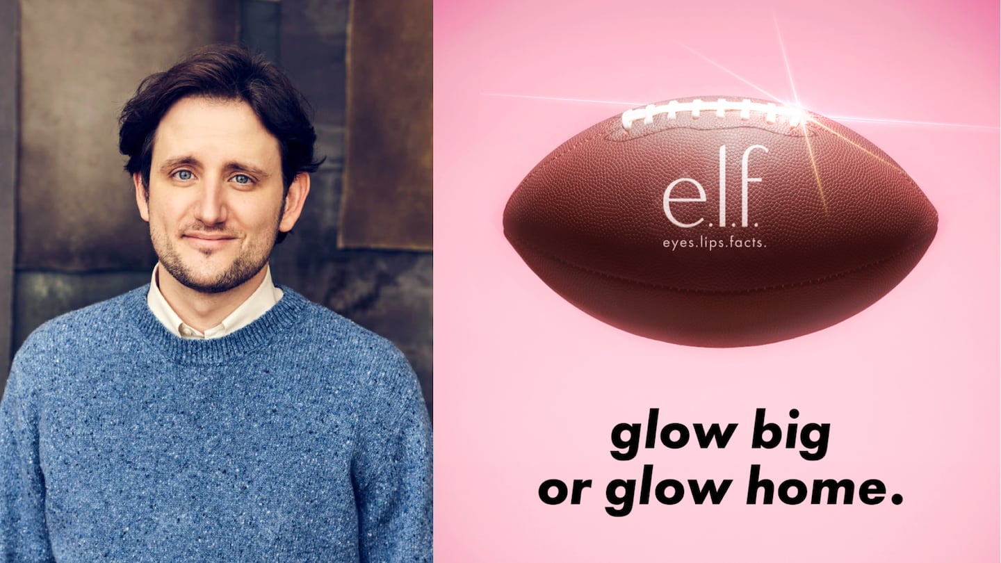 A photo of Zach Woods and an E.l.f. Cosmetics promotional image with the brand's logo and "eyes, lips, facts," on a football, with the catchphrase "glow big or glow home" below it.