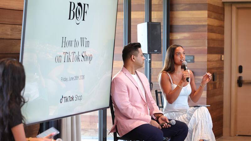 NAPA, CALIFORNIA - JUNE 26: Shenel Wickramaratne, Ajay Salpekar and Yasmine Dahlberg moderate a discussion during The Business of Beauty Global Forum 2026 at Stanly Ranch on June 26, 2026 in Napa, California.