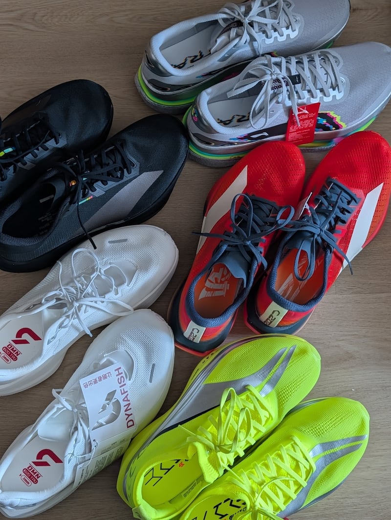 A photo of a haul of running shoes from Li-Ning, Anta and Dynafish.