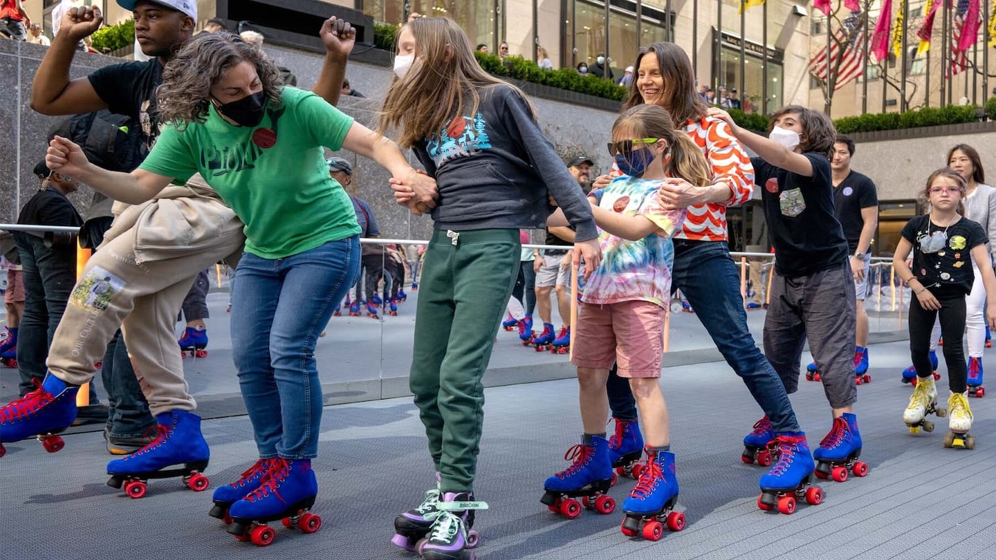 Roller skaters at Flipper's Roller Boogie Palace NYC at Rockefeller Center on April 15, 2022 in New York City.