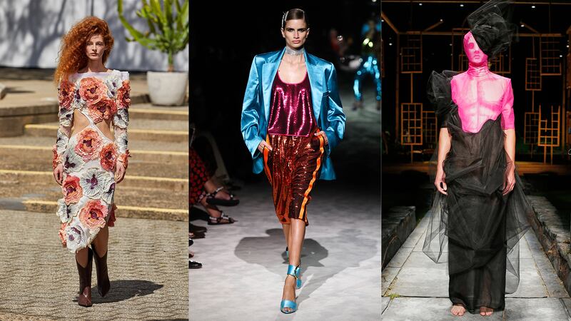 Spring-Summer 2022 looks from Rodarte, Tom Ford and Thom Browne. Rodarte, Getty Images, Thom Browne.