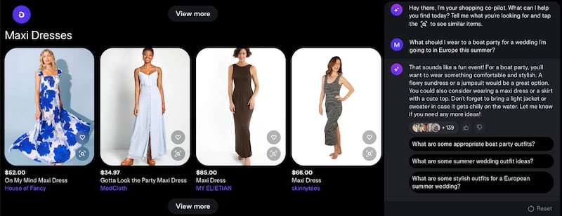 The left side of the screen shows images of maxi dresses and on the right the chatbot suggests wearing something "comfortable and stylish."