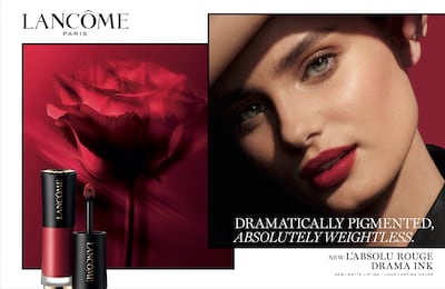 An ad Lancôme's for Drama Ink liquid lip colour, the launch of which was moved up ahead of the pandemic. Courtesy Lancôme