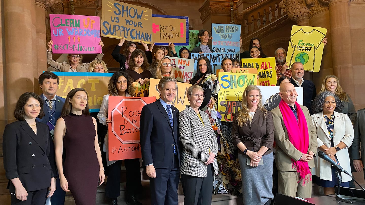 A press conference held last week by proponents of the New York Fashion Act.